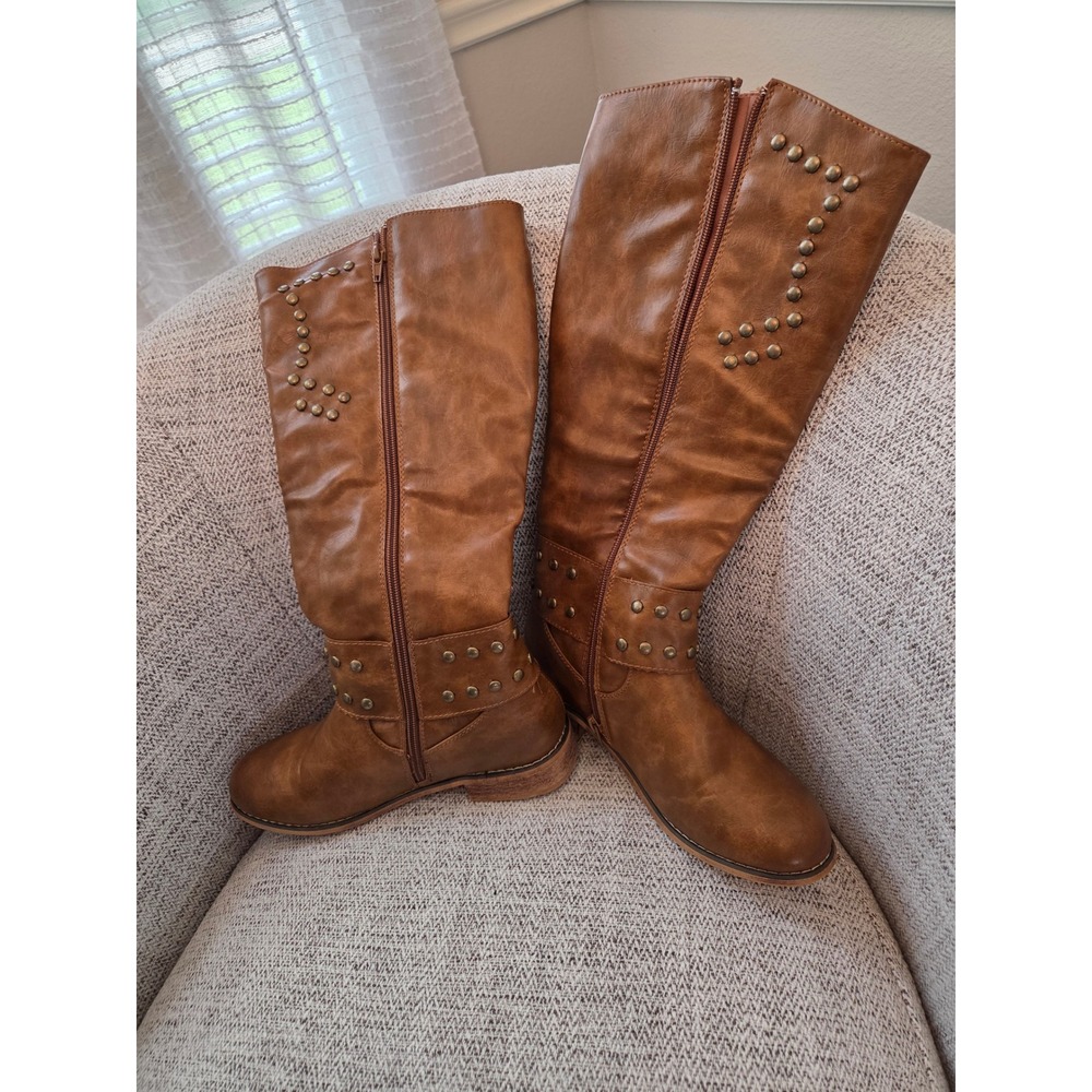 Pierre Dumas Tan Studded Tall Riding Boots Western Boho Vegan Leather - Picture 2 of 5